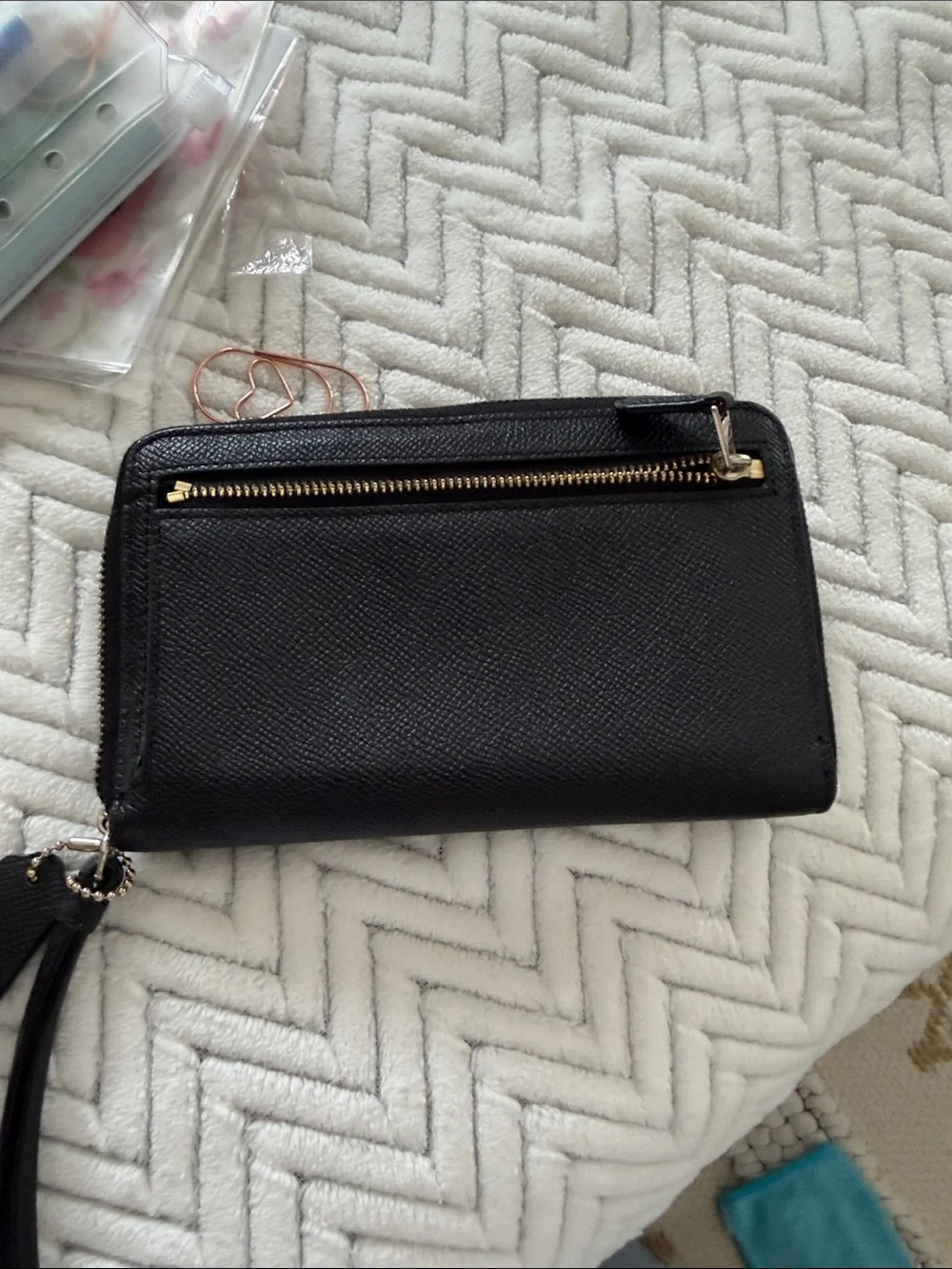 Coach Black Leather Zip Wristlet Clutch with Gold Logo
